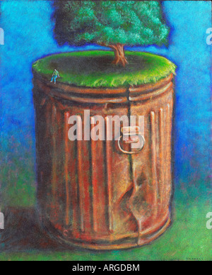 Tree Growing Out of Garbage Can with Man Sitting on Rim Stock Photo