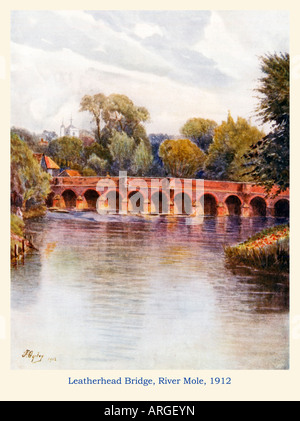 Leatherhead Bridge 1912 watercolour of the bridge over the River Mole in the Surrey town Stock Photo