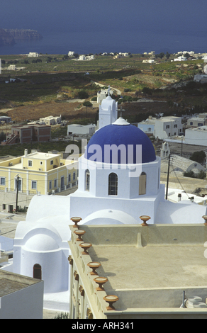 church with blue cupola on Santorin Stock Photo