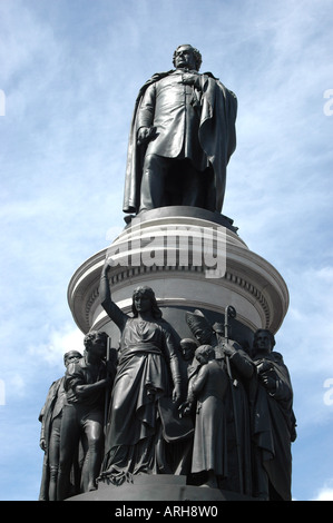 A general view of the Daniel O'Connell Statue pictured in O'Connell Street in the city of Dublin in Ireland. Stock Photo