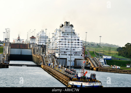 The Coral Princess and other ships going through the Gatun locks on the Panama Canal. Stock Photo