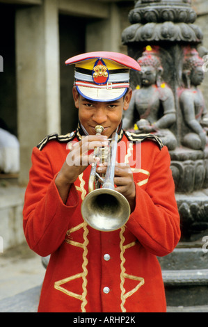 Nepalese uniformed trumpeter, Kathmandu, Nepal Stock Photo