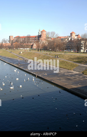 View of Wawel Hill castle and cathedral from bridge over River Wista Krakow Poland Stock Photo