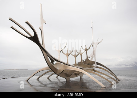 Viking boat sculpture, overlooking Snaefellsjokull, Reykjavik, Iceland Stock Photo