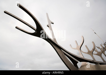 Viking boat sculpture, overlooking Snaefellsjokull, Reykjavik, Iceland Stock Photo