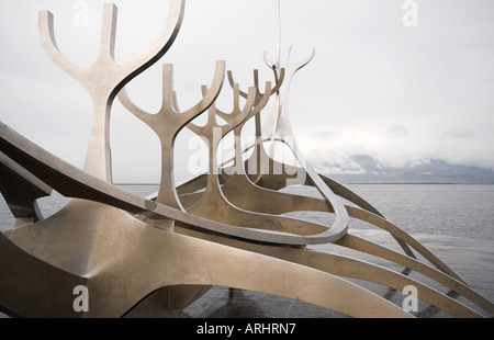 Viking boat sculpture, overlooking Snaefellsjokull, Reykjavik, Iceland Stock Photo