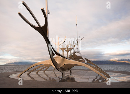 Viking boat sculpture, overlooking Snaefellsjokull, Reykjavik, Iceland Stock Photo