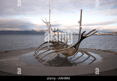 Viking boat sculpture, overlooking Snaefellsjokull, Reykjavik, Iceland Stock Photo