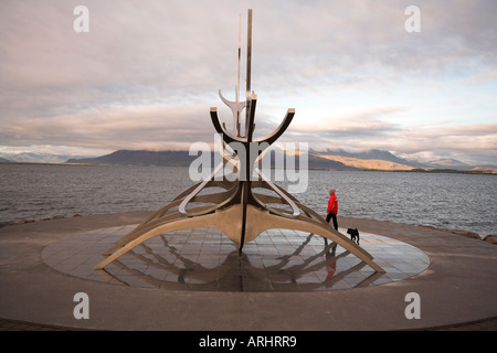 Viking boat sculpture, overlooking Snaefellsjokull, Reykjavik, Iceland Stock Photo