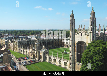 Cambridge university education town looking down on Kings College ornate screens & chapel frontage Kings Parade East Anglia Cambridgeshire England UK Stock Photo