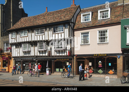 Cambridge university town shops and Half timbered black and white building in Bridge Street Stock Photo