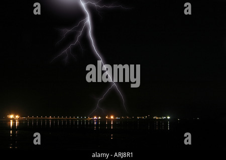 Lightning over Broome Jetty, Australia, Western Australia, Kimberley, Broome Stock Photo