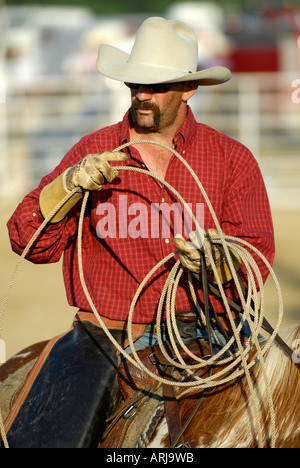 Cowboy participating in a rodeo event readies his rope for roping event Stock Photo