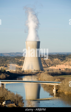 Cooling tower of the Asco nuclear power plant on the banks of the Ebro  River near Asco, northeastern Spain. The complex has two reactors, Asco I  and Asco II, and is part
