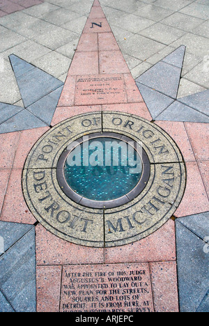 Detroit Michigan MI official Point of Origin a plaque in downtown Grand Circus Park denoting the point of origin Stock Photo