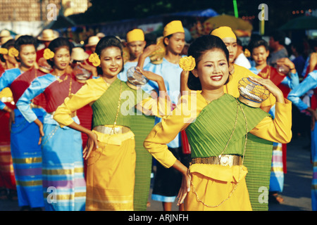 Thai girls performing a local dance during King Narai Reign Fair, Lopburi, Thailand, Asia Stock Photo
