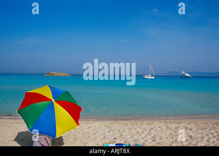 Colourful umbrella on Playa de ses Illetes beach, Formentera, Balearic Islands, Spain, Mediterranean, Europe Stock Photo