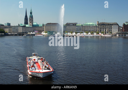 Jungfernstieg and lake Binnenalster with excursion boat in Hamburg, Germany in summer. Stock Photo