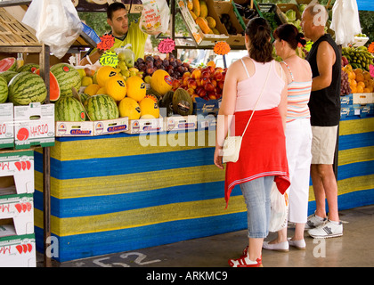 Tourist Shoppers at a Fruit stall in San Fernando Market, Gran Canaria Stock Photo