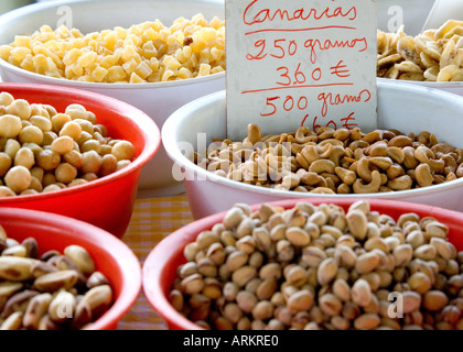 Close-up of Fruit and Nut Stall at San Fernando Market, Gran Canaria Stock Photo