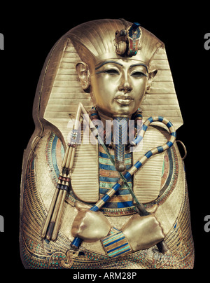 Mummiform coffin of gold with inlaid semi-precious stones, depicting the god Osiris, from the tomb of the pharaoh Tutankhamun Stock Photo