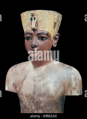 Dummy head of the young king, made from stuccoed and painted wood, from the tomb of the pharaoh Tutankhamun
