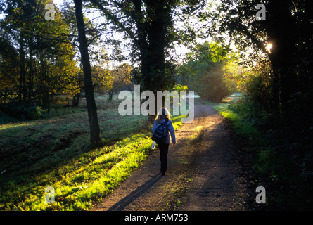Young girl walking off to school in early morning sunshine Stock Photo