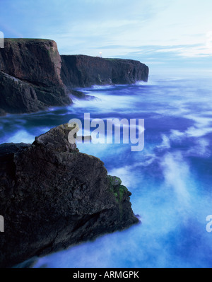 Eshaness basalt cliffs at dusk, Eshaness, Northmavine, Shetland Islands, Scotland, United Kingdom, Europe Stock Photo