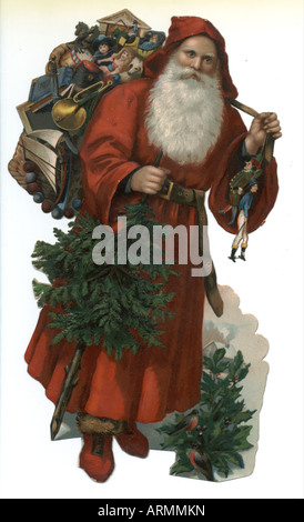Chromolithographed die cut scrap of Father Christmas with sack of toys and tree Stock Photo
