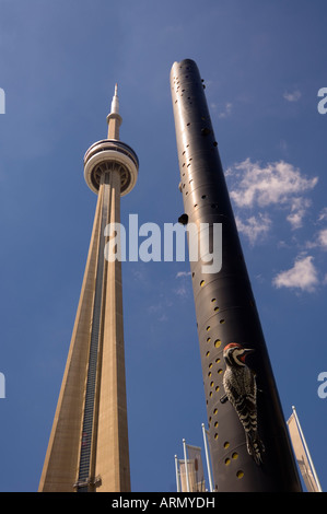 'fastwurms' Woodpecker Column sculpture and CN Tower of Toronto, Ontario, Canada Stock Photo