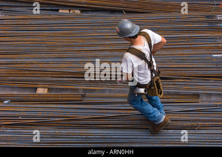 Construction site with workers on site platforms, Vancouver, British Columbia, Canada. Stock Photo