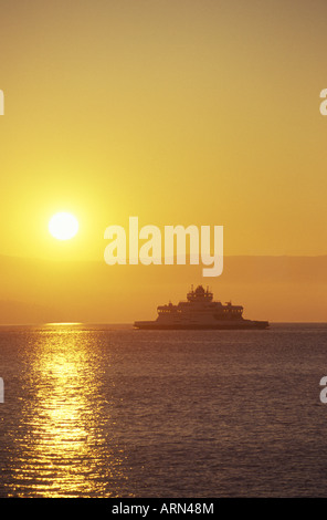 BC Ferry enroute to Fulford Harbour, Salt Spring Island from Swartz Bay, near Victoria at sunset, British Columbia, Canada. Stock Photo