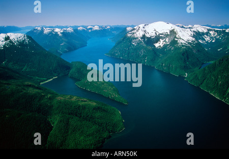 Aerial of Kynoch Inlet showing falls and hanging lake, Central Coast ...