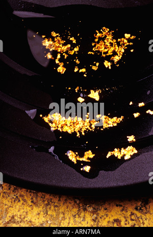 Gold flakes in gold pan Stock Photo