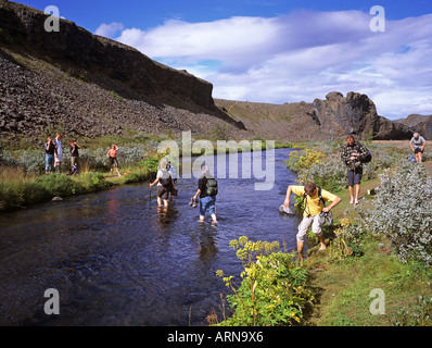 A group of hikers are fording a stream, Joekulsarglufur National Park, Iceland Stock Photo