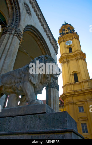 Hall of the Comanders with sculpture of a lion in front of Theatiner Church St. Kajetan, Munich, Bavaria, Germany