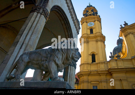 Hall of the Comanders with sculpture of a lion in front of Theatiner Church St. Kajetan, Munich, Bavaria, Germany
