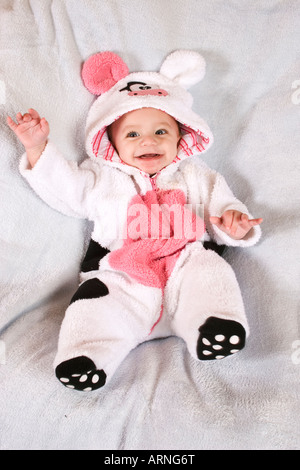studio portrait 6 month old baby wearing cuddly all in one cow outfit Stock Photo