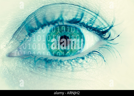 Biometric Science Concept Showing a Human Females Eye with Binary Digits Superimposed Over the Surface Stock Photo