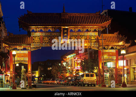 Victoria, Gates of Harmonious Interest in China town at night, Vancouver Island, British Columbia, Canada. Stock Photo