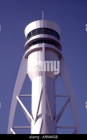 Air Traffic Control Tower at Dubai Airport United Arab Emirates Set against a Clear Blue Sky Stock Photo