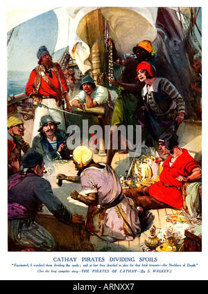 Cathay Pirates Dividing Spoils 1920s boys magazine illustration of the pirates sorting out their loot Stock Photo