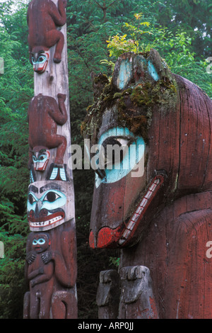 USA, Alaska, Totem Pole details from Totem Bight State Historical Park in Ketchikan Stock Photo