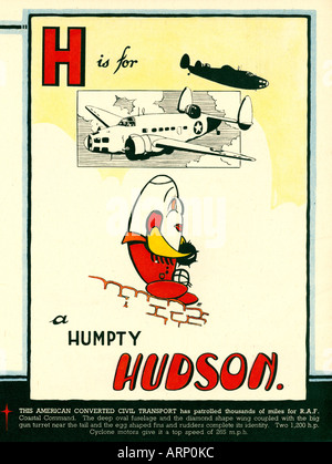 H is for Hudson 1943 English wartime childrens alphabet book of fighting airplanes the American flying boat as Humpty Stock Photo