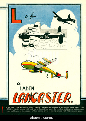 L is for Lancaster 1943 English wartime childrens alphabet book of airplanes the British heavy bomber Stock Photo