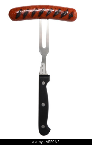 Grilled Hot Dog on Barbeque Fork Stock Photo