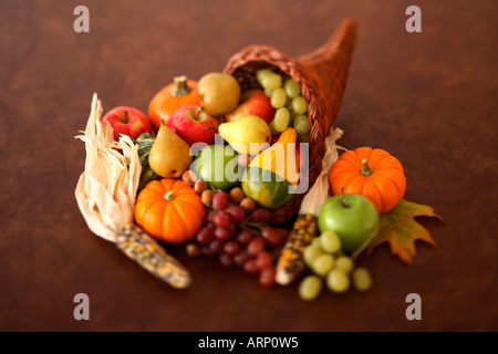 Cornucopia Filled with Fruits and Vegetables Stock Photo