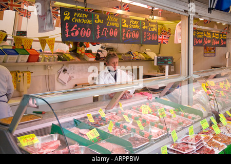 Cheshire Meats - a butchers stall. Stockport Market, Stockport, Greater Manchester, United Kingdom. Stock Photo