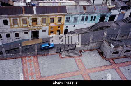 View of the road with a blue car from the clock tower of the Basilica in Quito Stock Photo