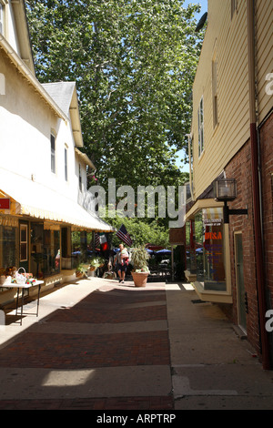 Wide brick paved walkway between two sets of shops with outdoor restaurant nestled amongst the trees at far end. Stock Photo